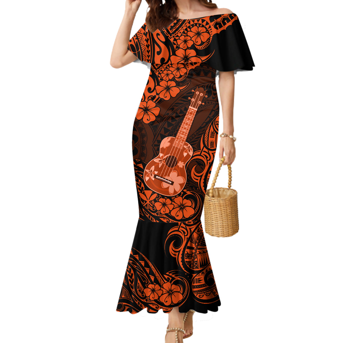 Hawaii Ukulele Mermaid Dress Polynesian Pattern Orange Version LT01 Women Orange - Polynesian Pride