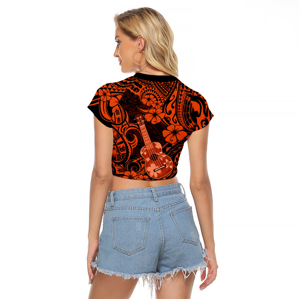 Hawaii Ukulele Raglan Cropped T Shirt Polynesian Pattern Orange Version LT01 - Polynesian Pride
