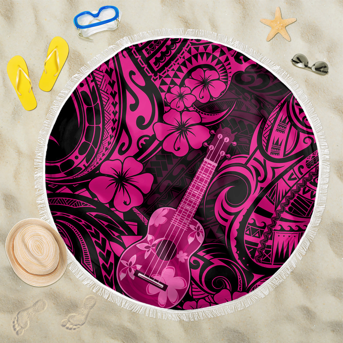 Hawaii Ukulele Beach Blanket Polynesian Pattern Pink Version LT01 One Size 150cm Pink - Wonder Print Shop