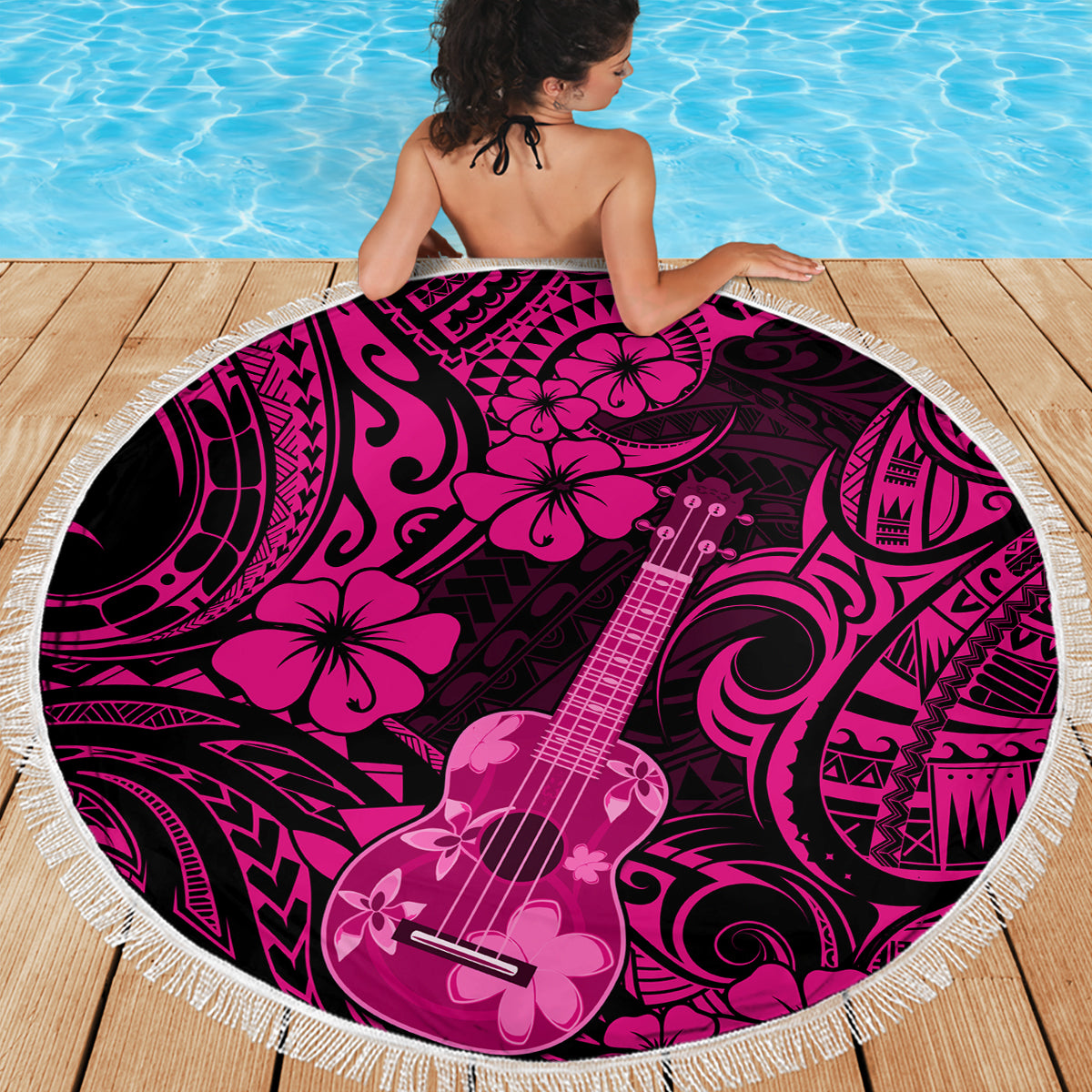 Hawaii Ukulele Beach Blanket Polynesian Pattern Pink Version LT01 - Wonder Print Shop