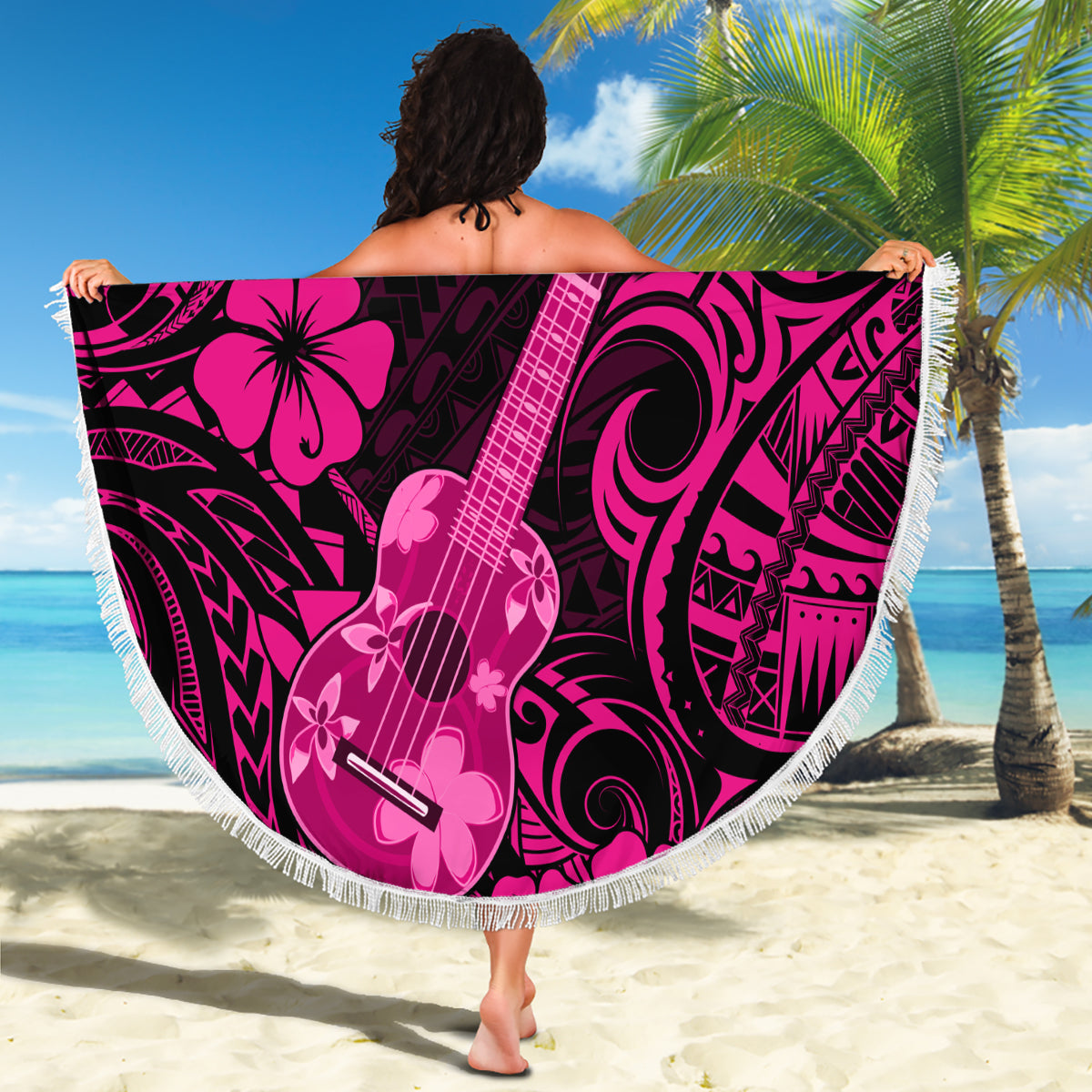 Hawaii Ukulele Beach Blanket Polynesian Pattern Pink Version LT01 - Wonder Print Shop