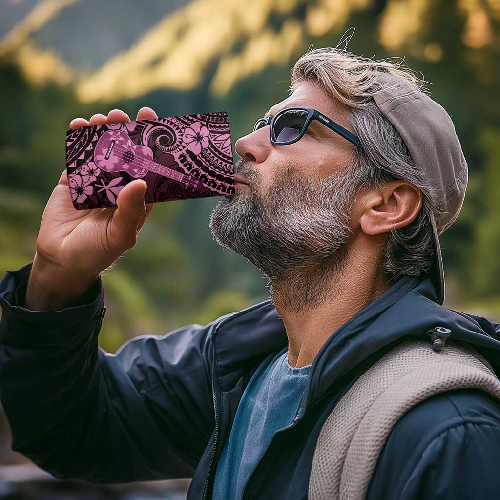 Hawaii Ukulele 4 in 1 Can Cooler Tumbler Polynesian Pattern Pink Version