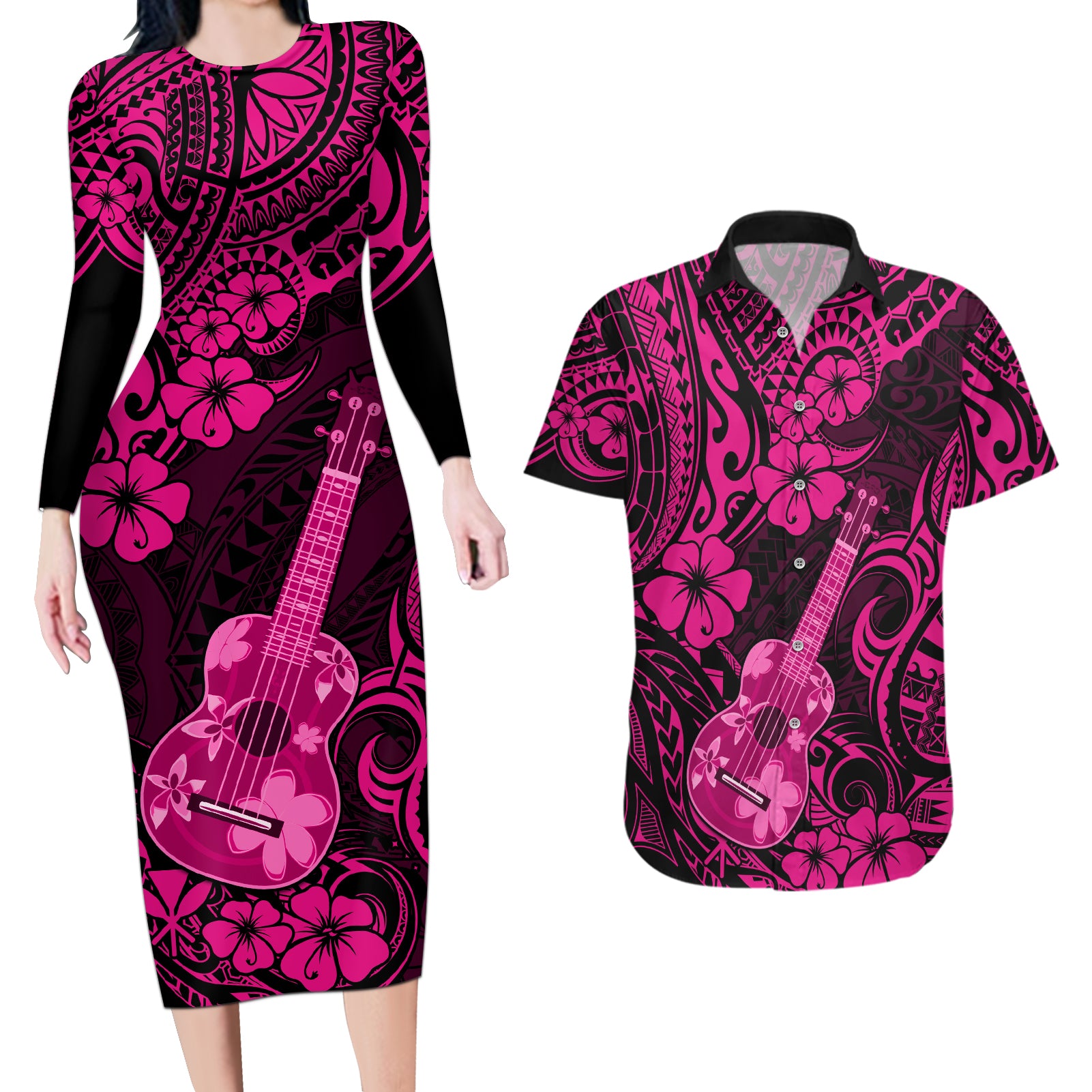 Hawaii Ukulele Couples Matching Long Sleeve Bodycon Dress and Hawaiian Shirt Polynesian Pattern Pink Version LT01 Pink - Polynesian Pride