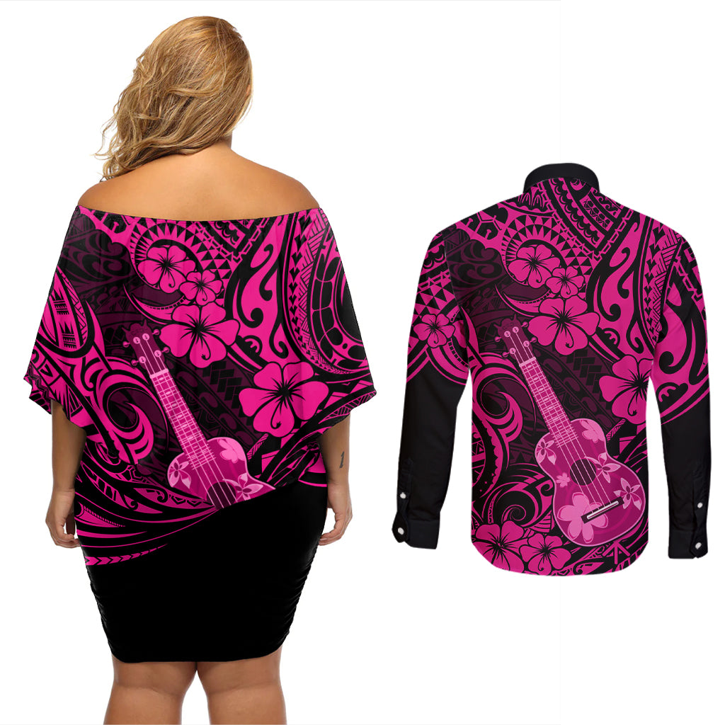 Hawaii Ukulele Couples Matching Off Shoulder Short Dress and Long Sleeve Button Shirts Polynesian Pattern Pink Version LT01 - Polynesian Pride