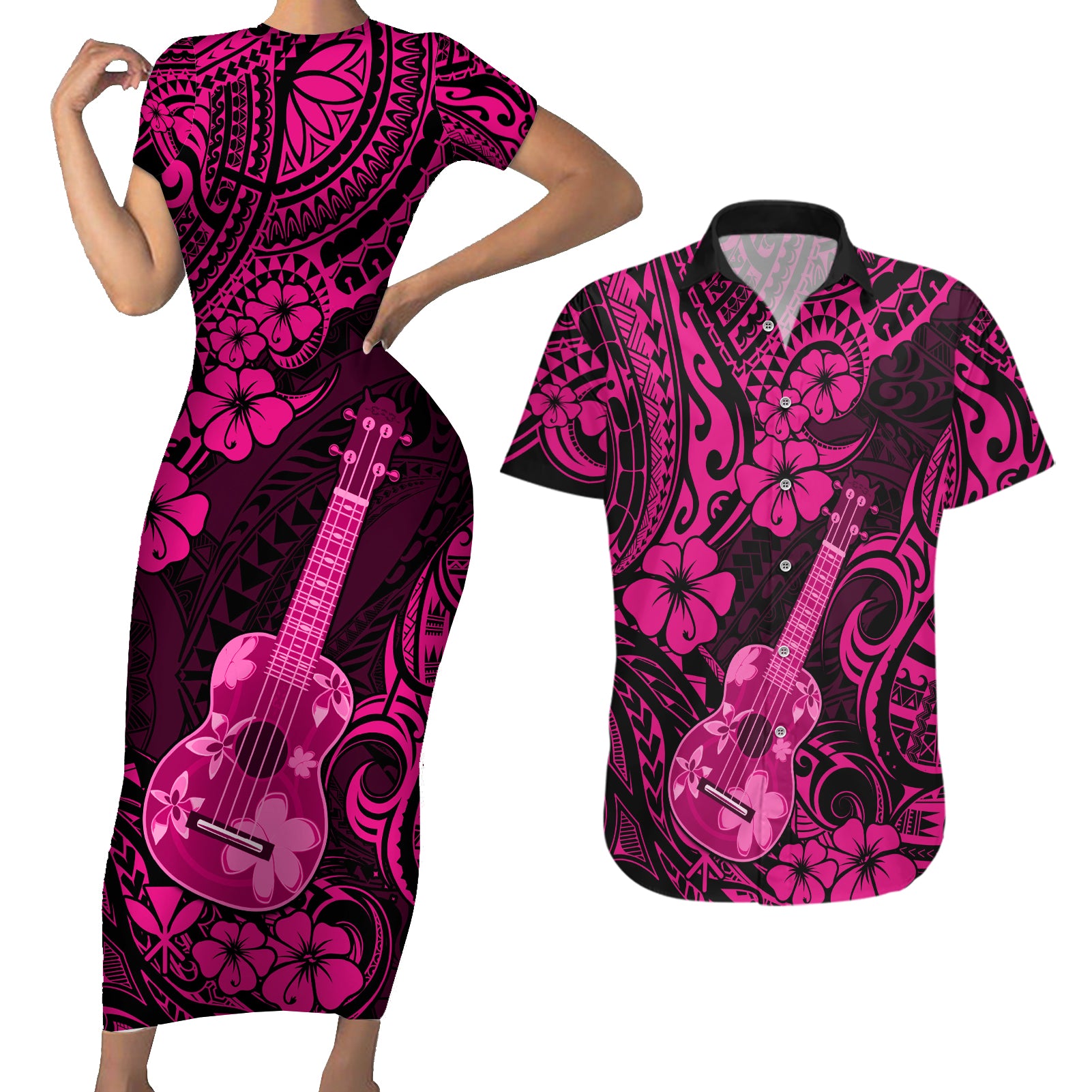 Hawaii Ukulele Couples Matching Short Sleeve Bodycon Dress and Hawaiian Shirt Polynesian Pattern Pink Version LT01 Pink - Polynesian Pride