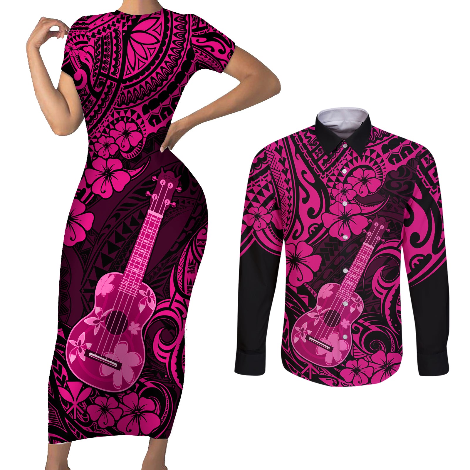 Hawaii Ukulele Couples Matching Short Sleeve Bodycon Dress and Long Sleeve Button Shirts Polynesian Pattern Pink Version LT01 Pink - Polynesian Pride