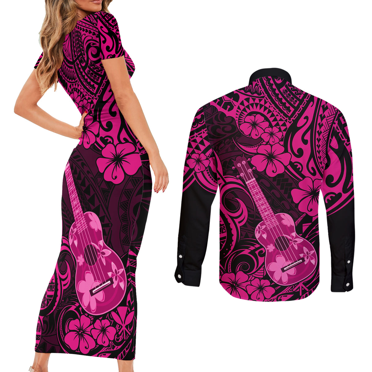 Hawaii Ukulele Couples Matching Short Sleeve Bodycon Dress and Long Sleeve Button Shirts Polynesian Pattern Pink Version LT01 - Polynesian Pride