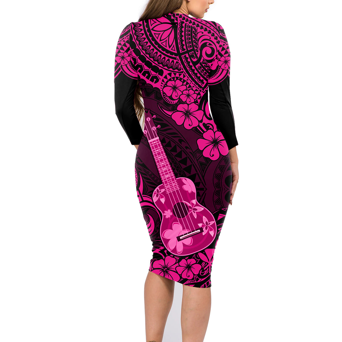 Hawaii Ukulele Family Matching Long Sleeve Bodycon Dress and Hawaiian Shirt Polynesian Pattern Pink Version LT01 - Polynesian Pride