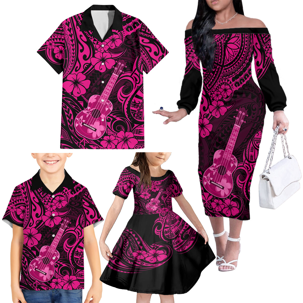 Hawaii Ukulele Family Matching Off Shoulder Long Sleeve Dress and Hawaiian Shirt Polynesian Pattern Pink Version LT01 - Polynesian Pride