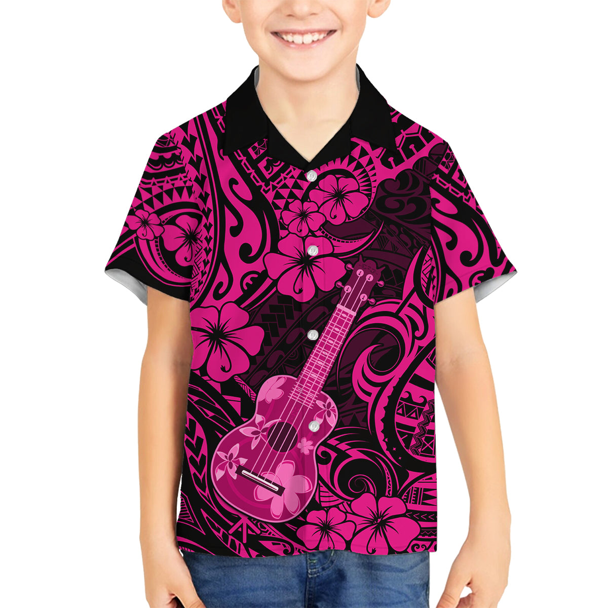 Hawaii Ukulele Family Matching Off Shoulder Long Sleeve Dress and Hawaiian Shirt Polynesian Pattern Pink Version LT01 Son's Shirt Pink - Polynesian Pride