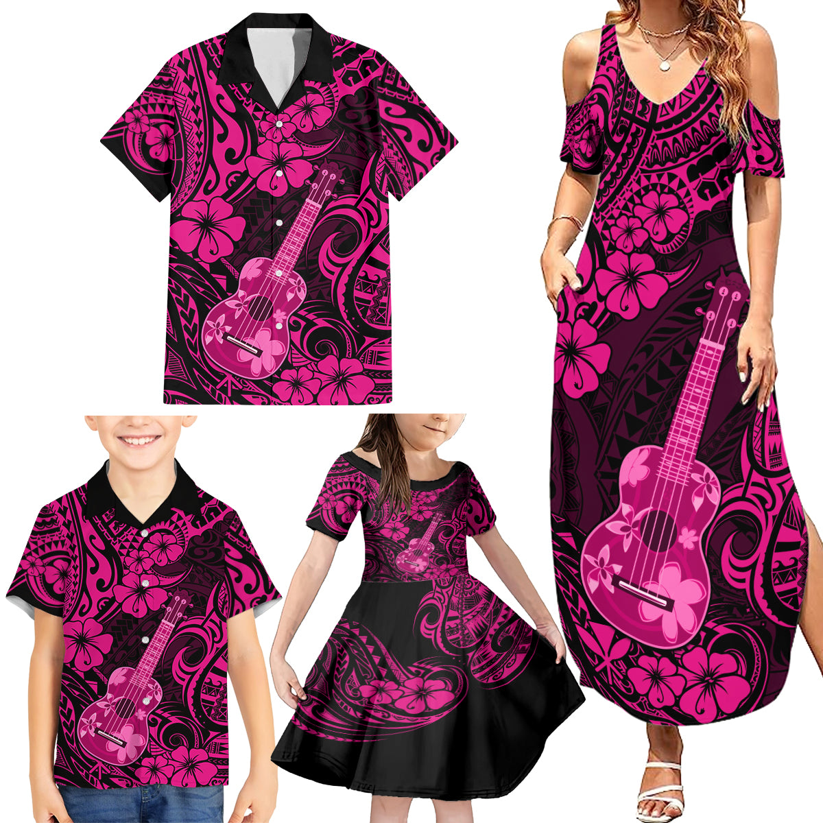 Hawaii Ukulele Family Matching Summer Maxi Dress and Hawaiian Shirt Polynesian Pattern Pink Version LT01 - Polynesian Pride