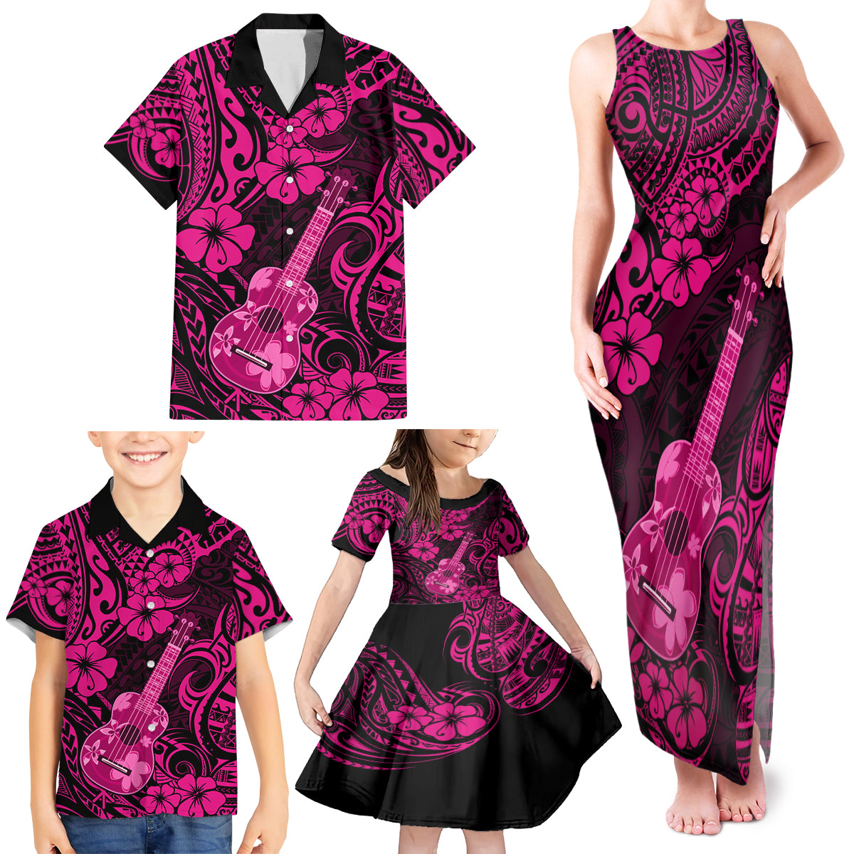 Hawaii Ukulele Family Matching Tank Maxi Dress and Hawaiian Shirt Polynesian Pattern Pink Version LT01 - Polynesian Pride