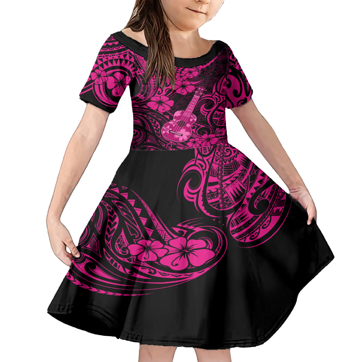 Hawaii Ukulele Kid Short Sleeve Dress Polynesian Pattern Pink Version LT01 KID Pink - Polynesian Pride