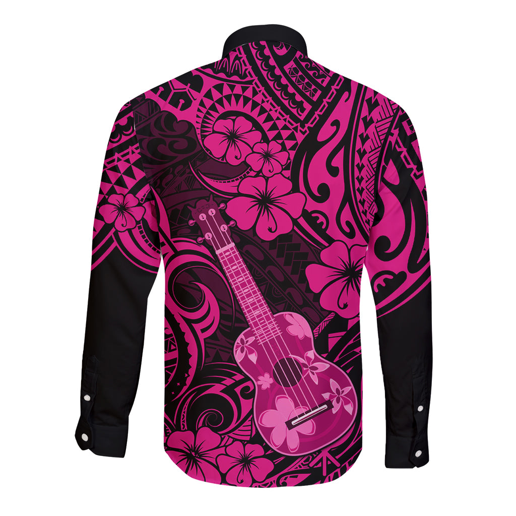Hawaii Ukulele Long Sleeve Button Shirt Polynesian Pattern Pink Version LT01 - Polynesian Pride