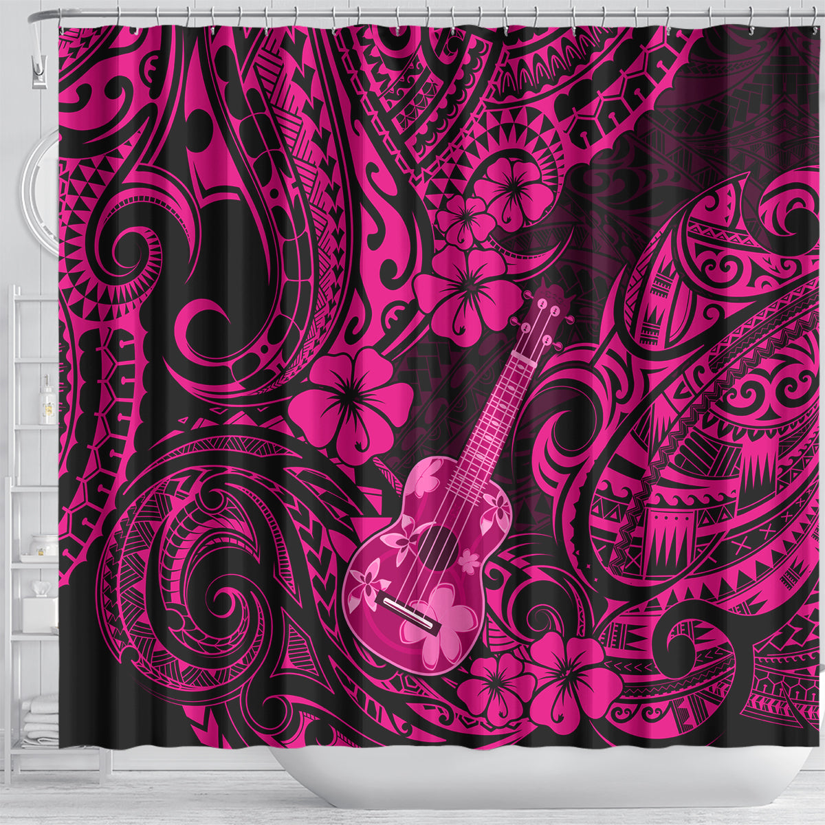 Hawaii Ukulele Shower Curtain Polynesian Pattern Pink Version LT01 - Polynesian Pride