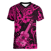 Hawaii Ukulele Women V Neck T Shirt Polynesian Pattern Pink Version LT01 Female Pink - Polynesian Pride