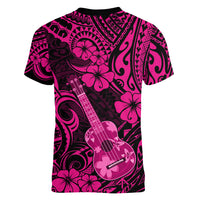 Hawaii Ukulele Women V Neck T Shirt Polynesian Pattern Pink Version LT01 - Polynesian Pride