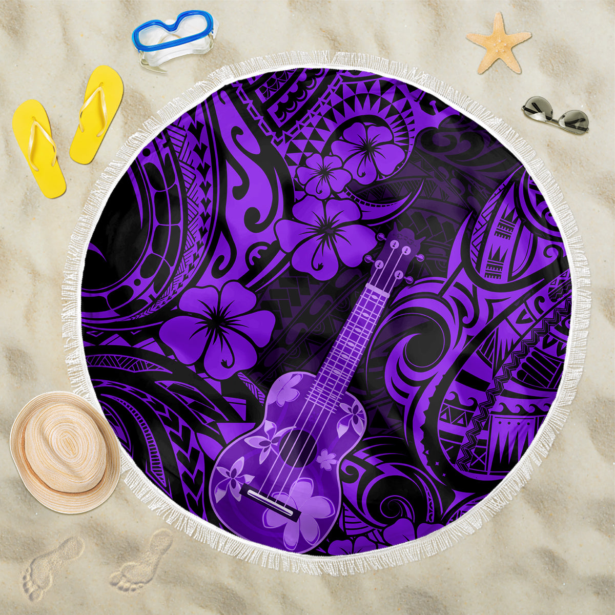 Hawaii Ukulele Beach Blanket Polynesian Pattern Purple Version LT01 One Size 150cm Purple - Wonder Print Shop