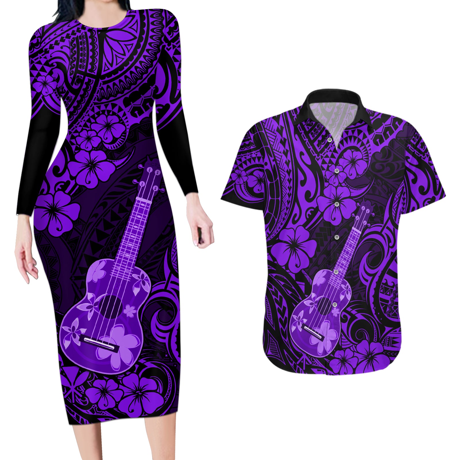 Hawaii Ukulele Couples Matching Long Sleeve Bodycon Dress and Hawaiian Shirt Polynesian Pattern Purple Version LT01 Purple - Polynesian Pride