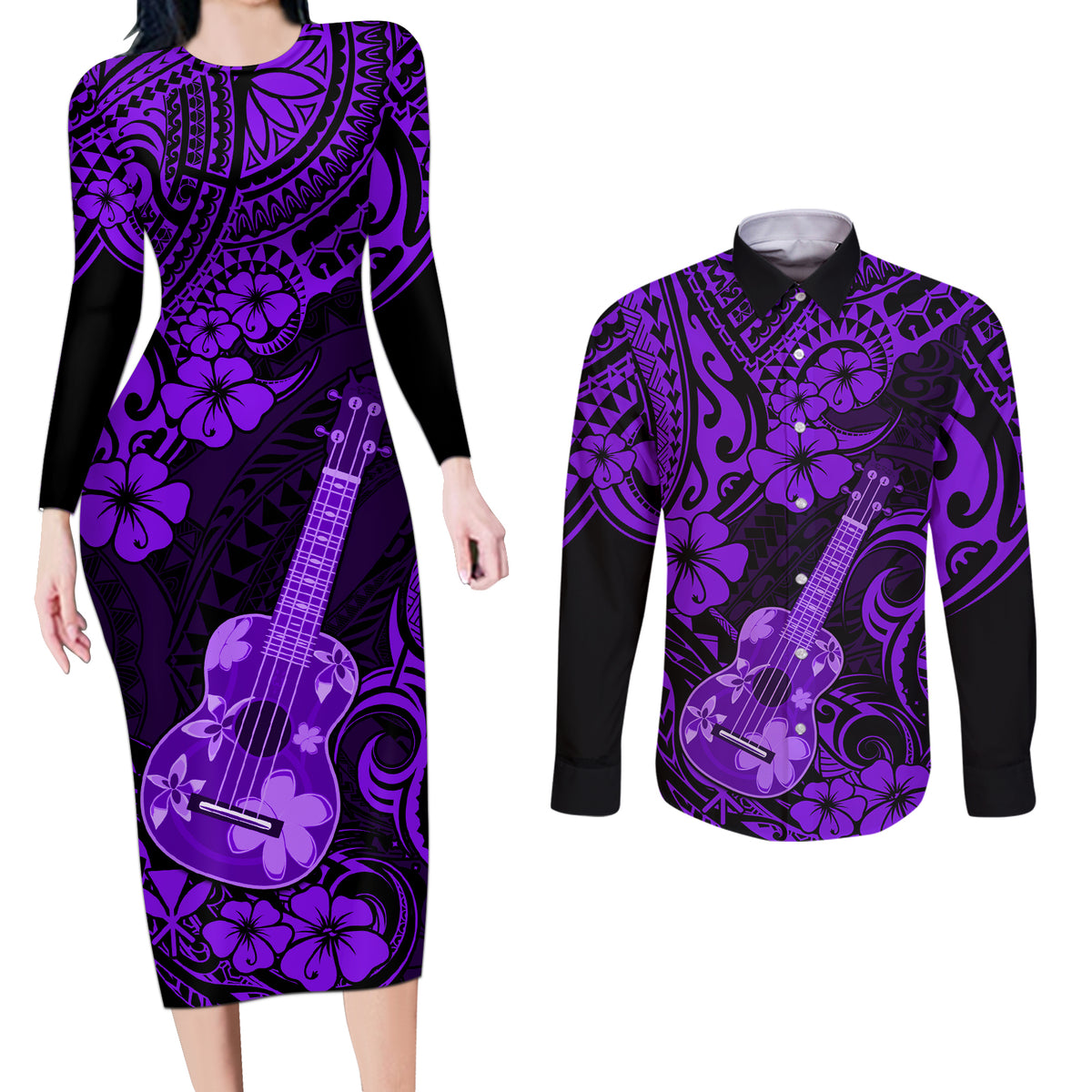 Hawaii Ukulele Couples Matching Long Sleeve Bodycon Dress and Long Sleeve Button Shirts Polynesian Pattern Purple Version LT01 Purple - Polynesian Pride
