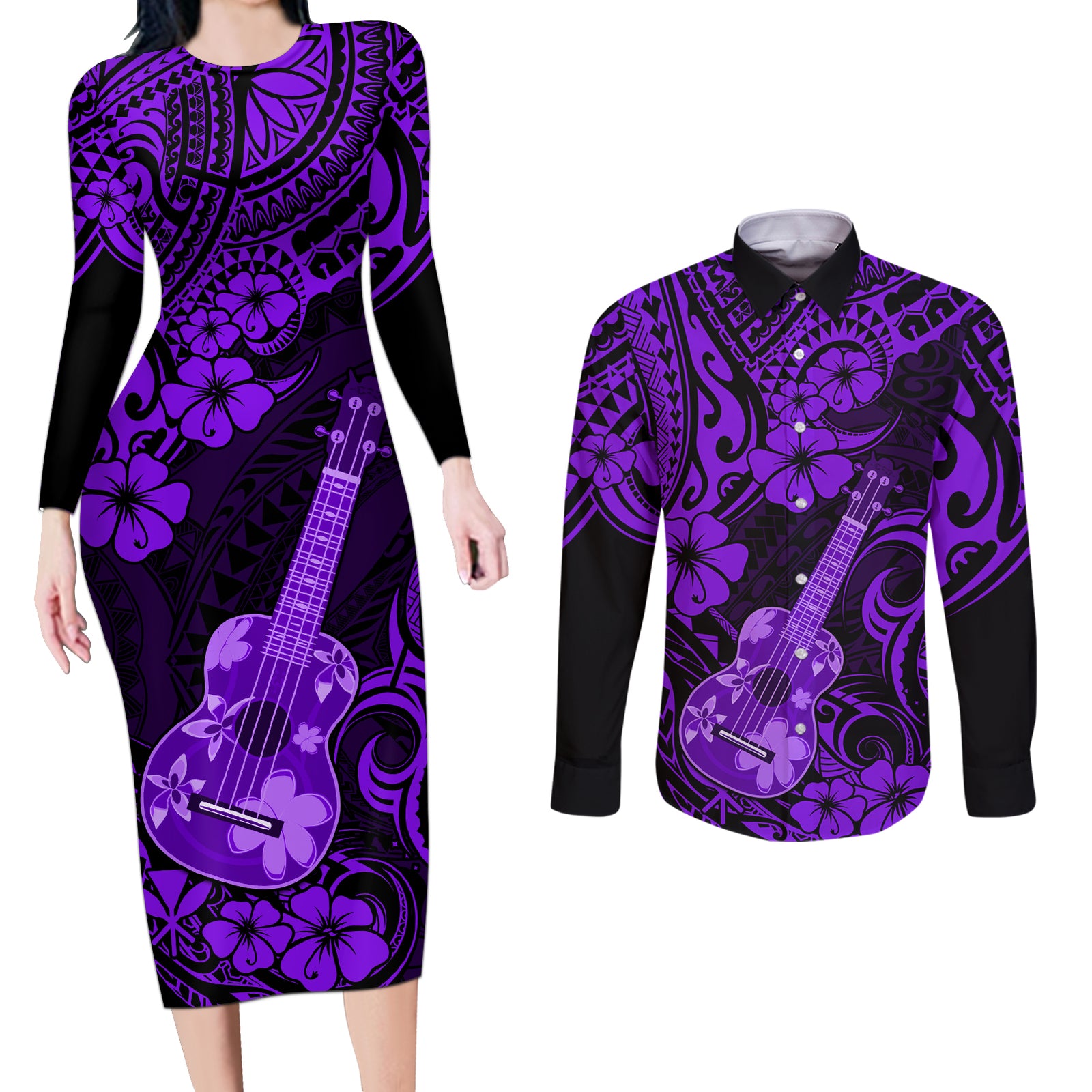 Hawaii Ukulele Couples Matching Long Sleeve Bodycon Dress and Long Sleeve Button Shirts Polynesian Pattern Purple Version LT01 Purple - Polynesian Pride