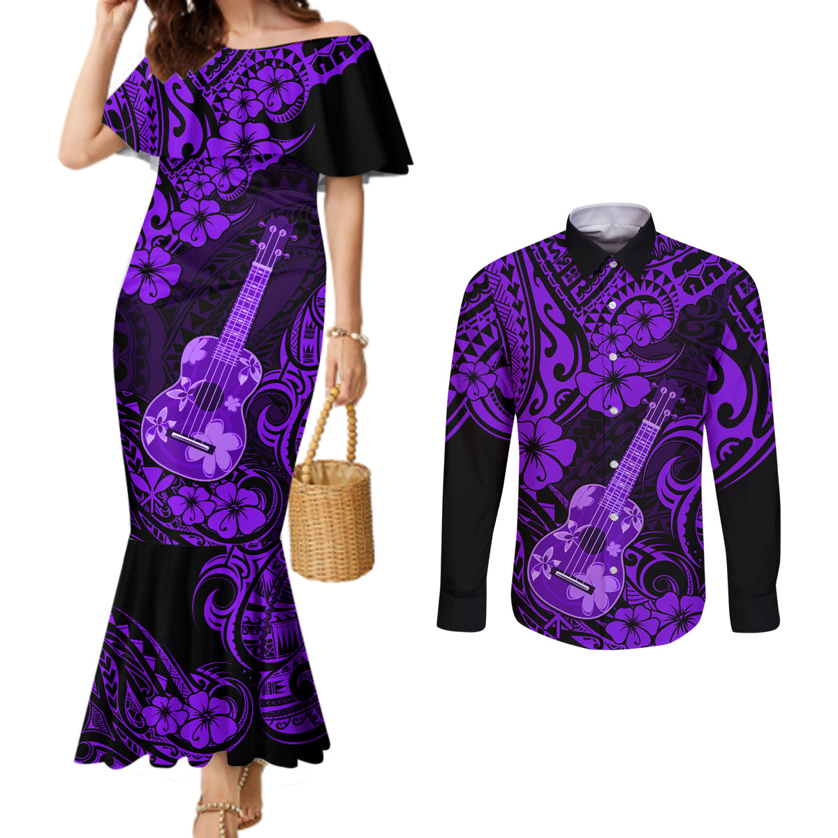 Hawaii Ukulele Couples Matching Mermaid Dress and Long Sleeve Button Shirts Polynesian Pattern Purple Version LT01 Purple - Polynesian Pride