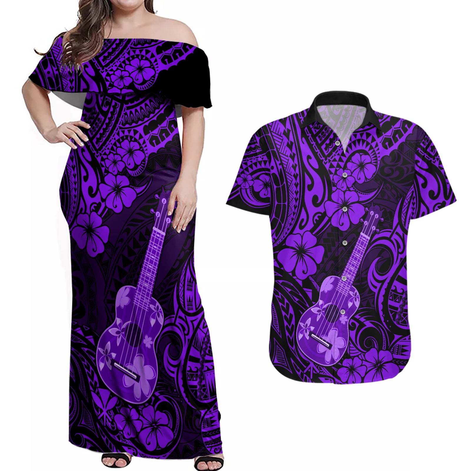 Hawaii Ukulele Couples Matching Off Shoulder Maxi Dress and Hawaiian Shirt Polynesian Pattern Purple Version LT01 Purple - Polynesian Pride