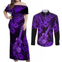 Hawaii Ukulele Couples Matching Off Shoulder Maxi Dress and Long Sleeve Button Shirts Polynesian Pattern Purple Version LT01 Purple - Polynesian Pride