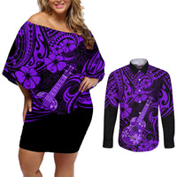 Hawaii Ukulele Couples Matching Off Shoulder Short Dress and Long Sleeve Button Shirts Polynesian Pattern Purple Version LT01 Purple - Polynesian Pride