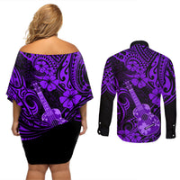 Hawaii Ukulele Couples Matching Off Shoulder Short Dress and Long Sleeve Button Shirts Polynesian Pattern Purple Version LT01 - Polynesian Pride