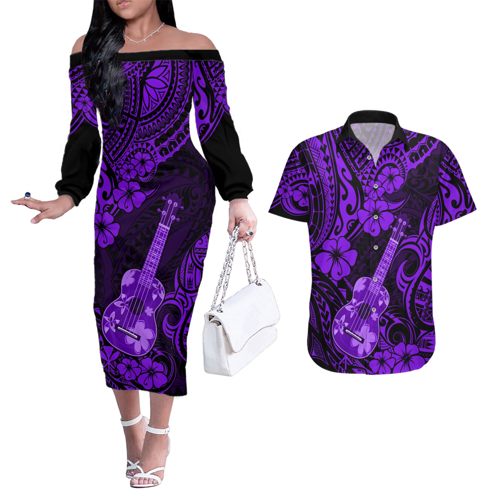 Hawaii Ukulele Couples Matching Off The Shoulder Long Sleeve Dress and Hawaiian Shirt Polynesian Pattern Purple Version LT01 Purple - Polynesian Pride