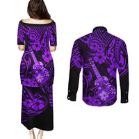 Hawaii Ukulele Couples Matching Puletasi Dress and Long Sleeve Button Shirts Polynesian Pattern Purple Version LT01 - Polynesian Pride