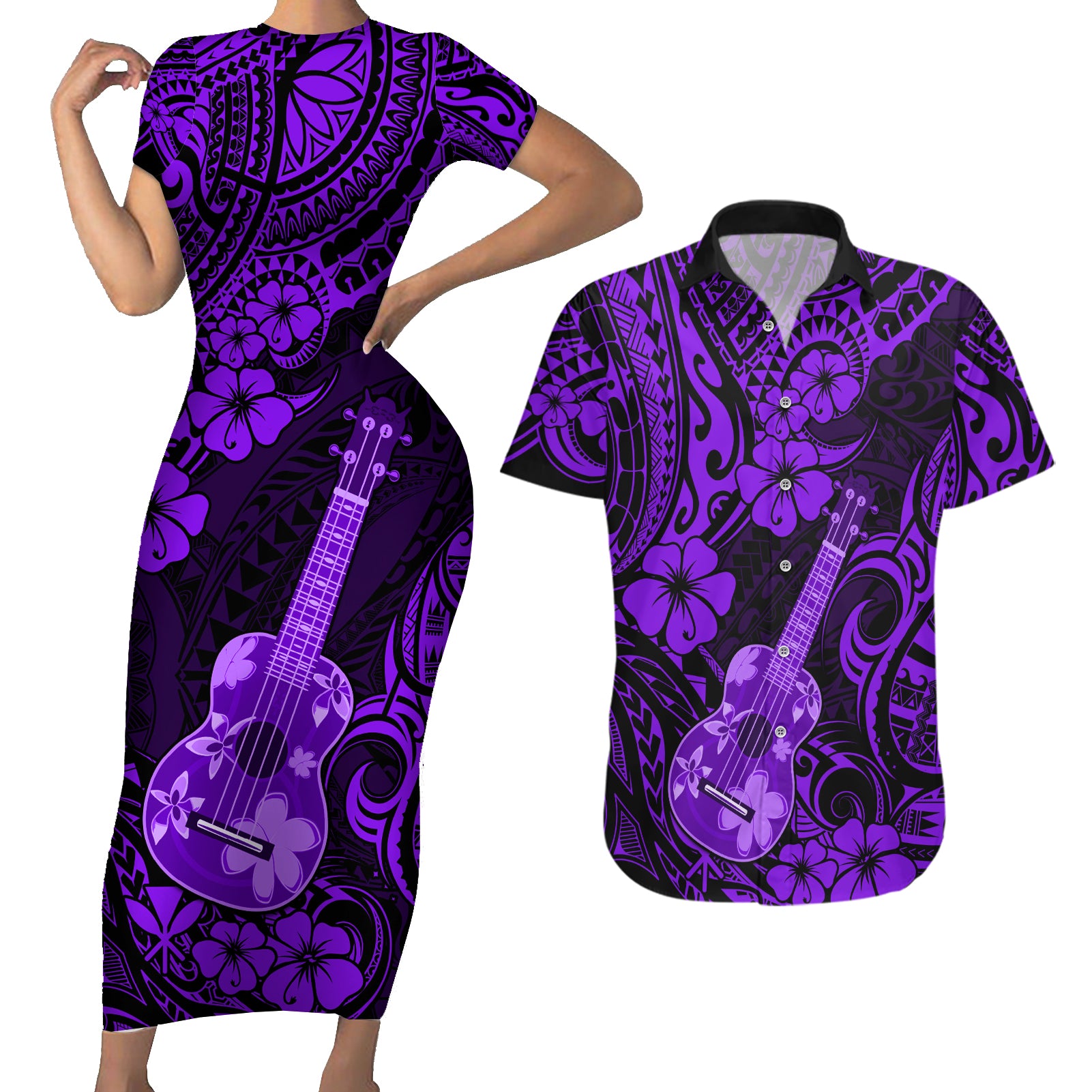 Hawaii Ukulele Couples Matching Short Sleeve Bodycon Dress and Hawaiian Shirt Polynesian Pattern Purple Version LT01 Purple - Polynesian Pride