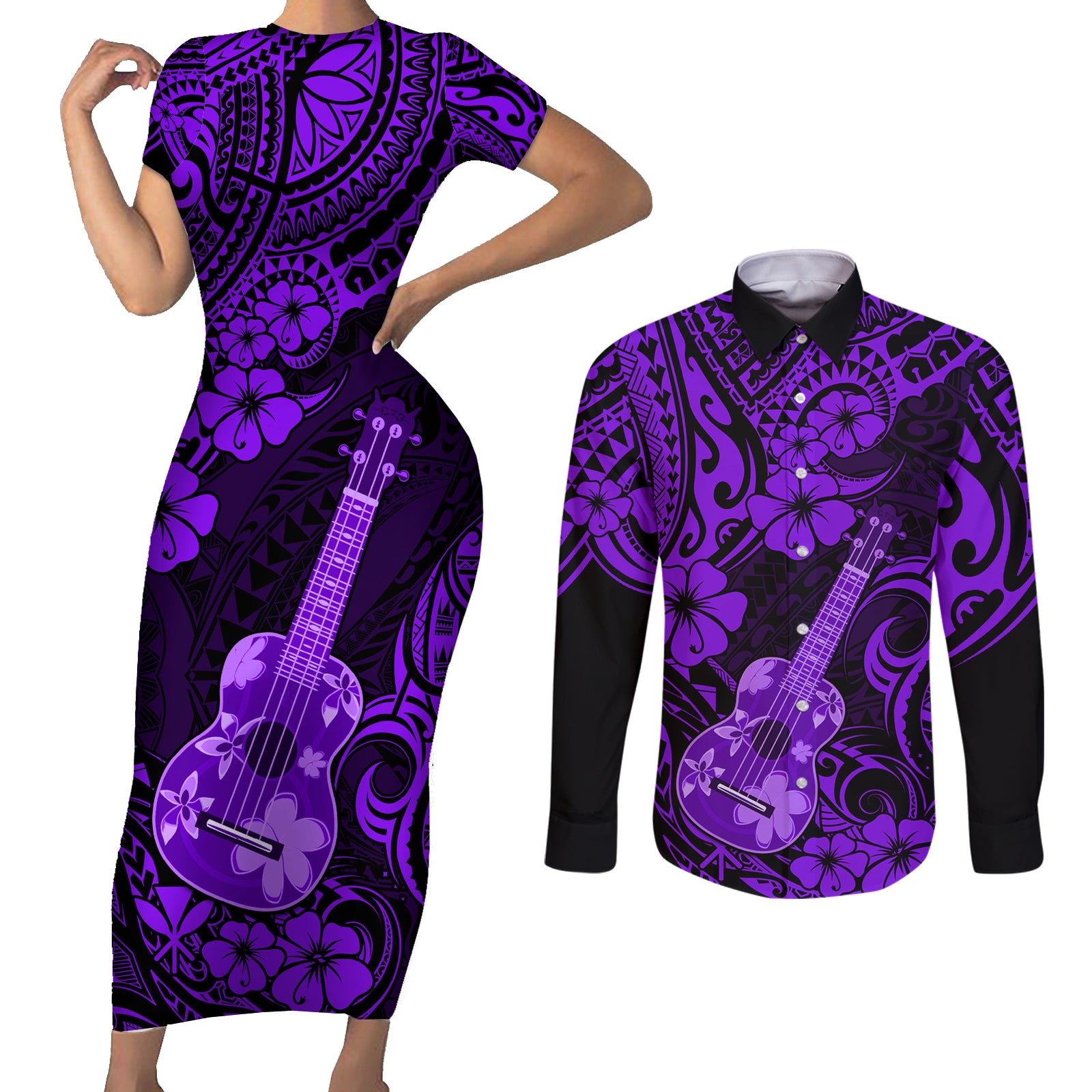 Hawaii Ukulele Couples Matching Short Sleeve Bodycon Dress and Long Sleeve Button Shirts Polynesian Pattern Purple Version LT01 Purple - Polynesian Pride