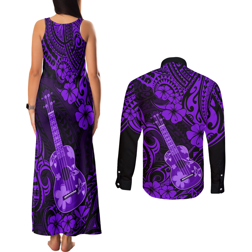 Hawaii Ukulele Couples Matching Tank Maxi Dress and Long Sleeve Button Shirts Polynesian Pattern Purple Version LT01 - Polynesian Pride