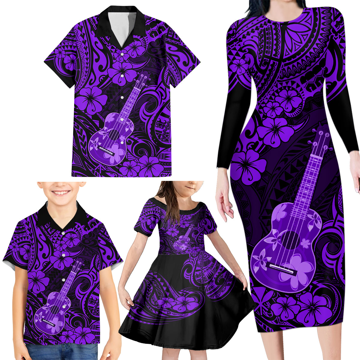 Hawaii Ukulele Family Matching Long Sleeve Bodycon Dress and Hawaiian Shirt Polynesian Pattern Purple Version LT01 - Polynesian Pride