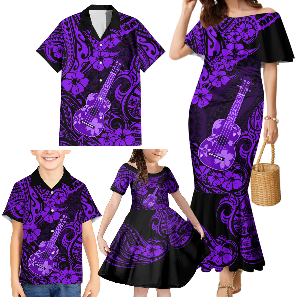 Hawaii Ukulele Family Matching Mermaid Dress and Hawaiian Shirt Polynesian Pattern Purple Version LT01 - Polynesian Pride