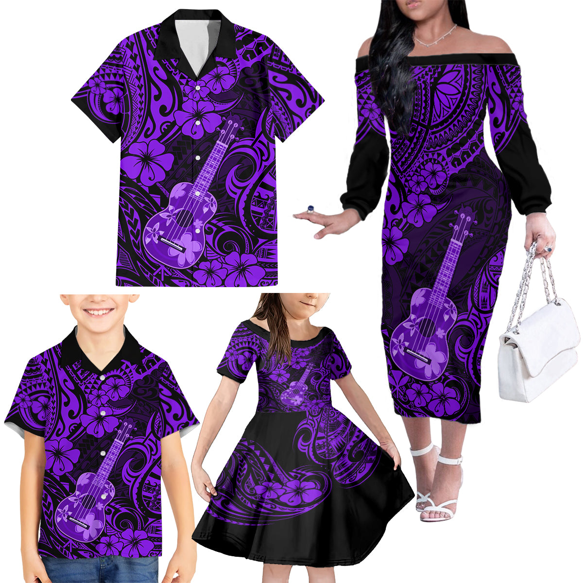 Hawaii Ukulele Family Matching Off Shoulder Long Sleeve Dress and Hawaiian Shirt Polynesian Pattern Purple Version LT01 - Polynesian Pride