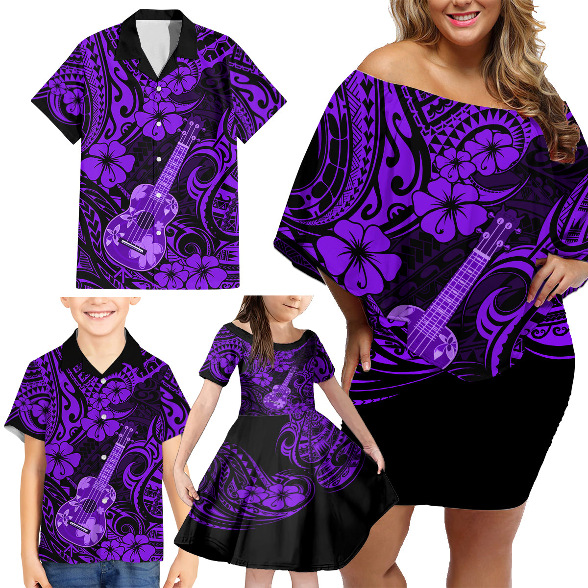 Hawaii Ukulele Family Matching Off Shoulder Short Dress and Hawaiian Shirt Polynesian Pattern Purple Version LT01 - Polynesian Pride