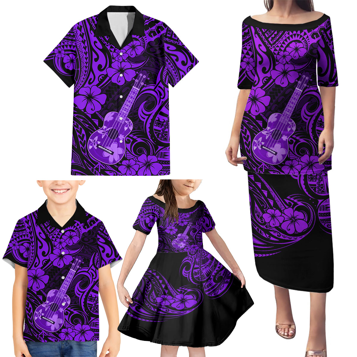 Hawaii Ukulele Family Matching Puletasi Dress and Hawaiian Shirt Polynesian Pattern Purple Version LT01 - Polynesian Pride