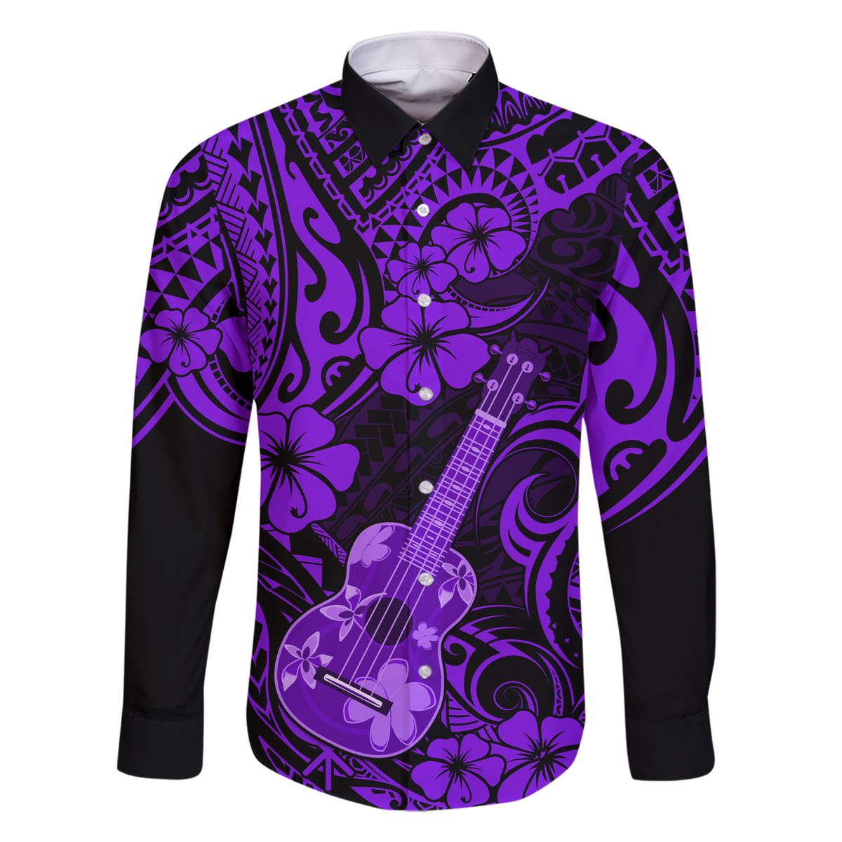 Hawaii Ukulele Family Matching Short Sleeve Bodycon Dress and Hawaiian Shirt Polynesian Pattern Purple Version LT01 Dad's Shirt - Long Sleeve Purple - Polynesian Pride