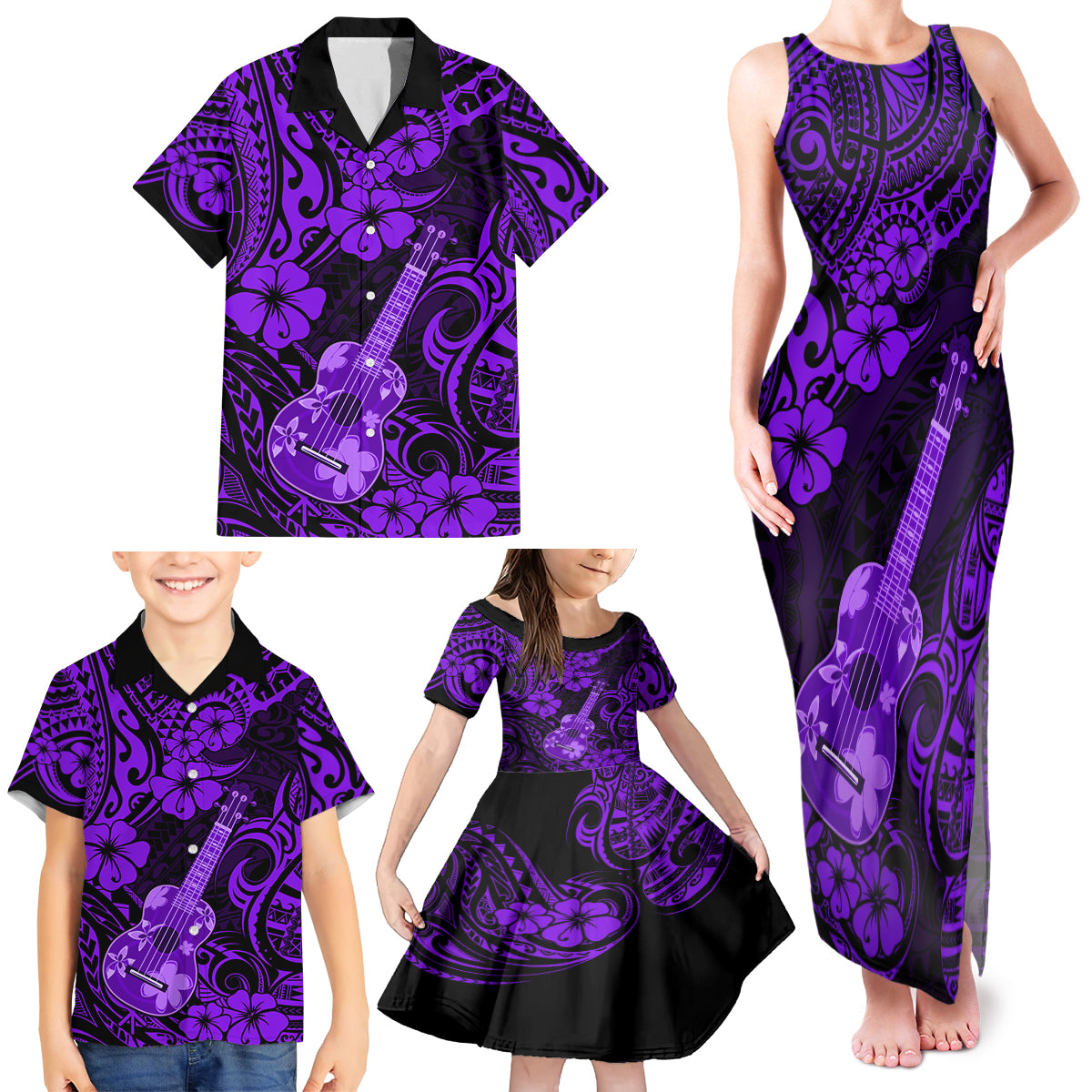 Hawaii Ukulele Family Matching Tank Maxi Dress and Hawaiian Shirt Polynesian Pattern Purple Version LT01 - Polynesian Pride