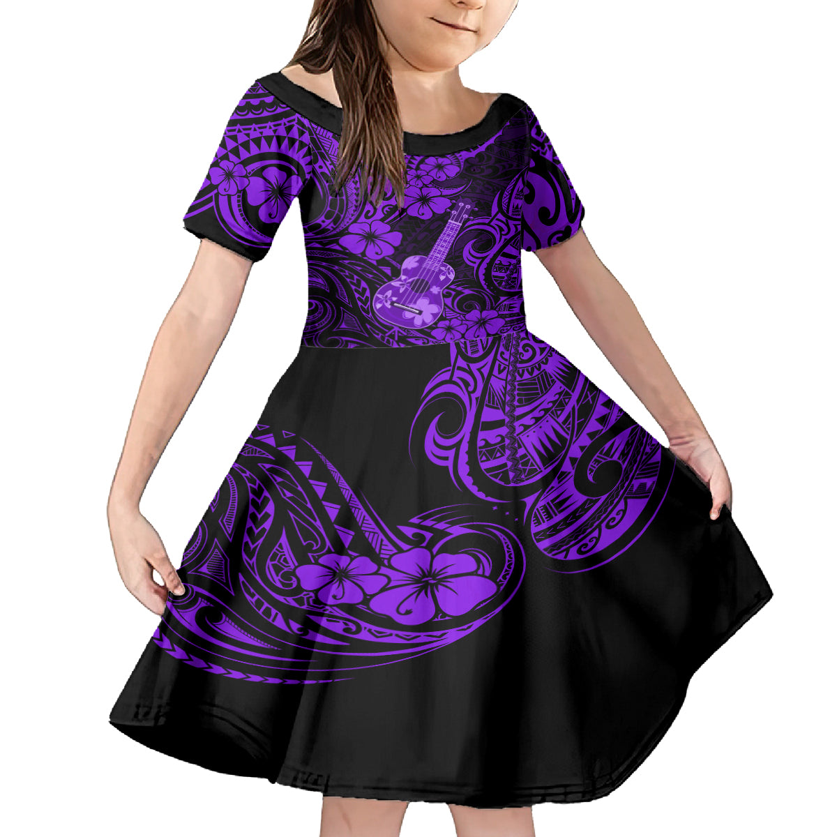 Hawaii Ukulele Kid Short Sleeve Dress Polynesian Pattern Purple Version LT01 KID Purple - Polynesian Pride