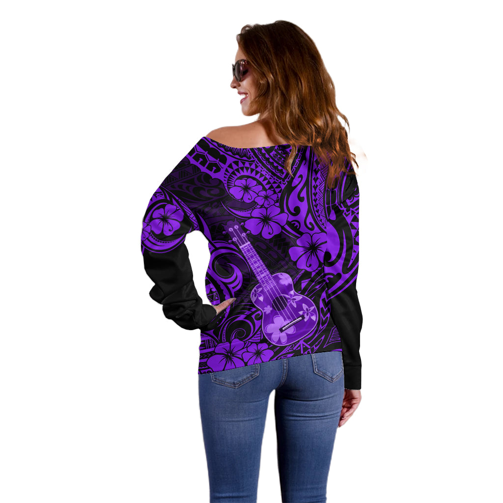 Hawaii Ukulele Off Shoulder Sweater Polynesian Pattern Purple Version LT01 - Polynesian Pride