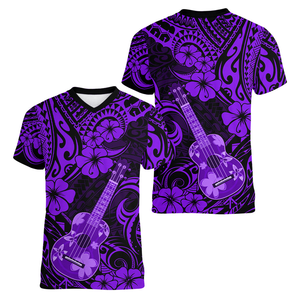 Hawaii Ukulele Women V Neck T Shirt Polynesian Pattern Purple Version LT01 - Polynesian Pride