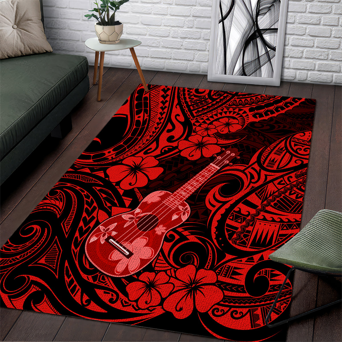 Hawaii Ukulele Area Rug Polynesian Pattern Red Version LT01 Red - Polynesian Pride