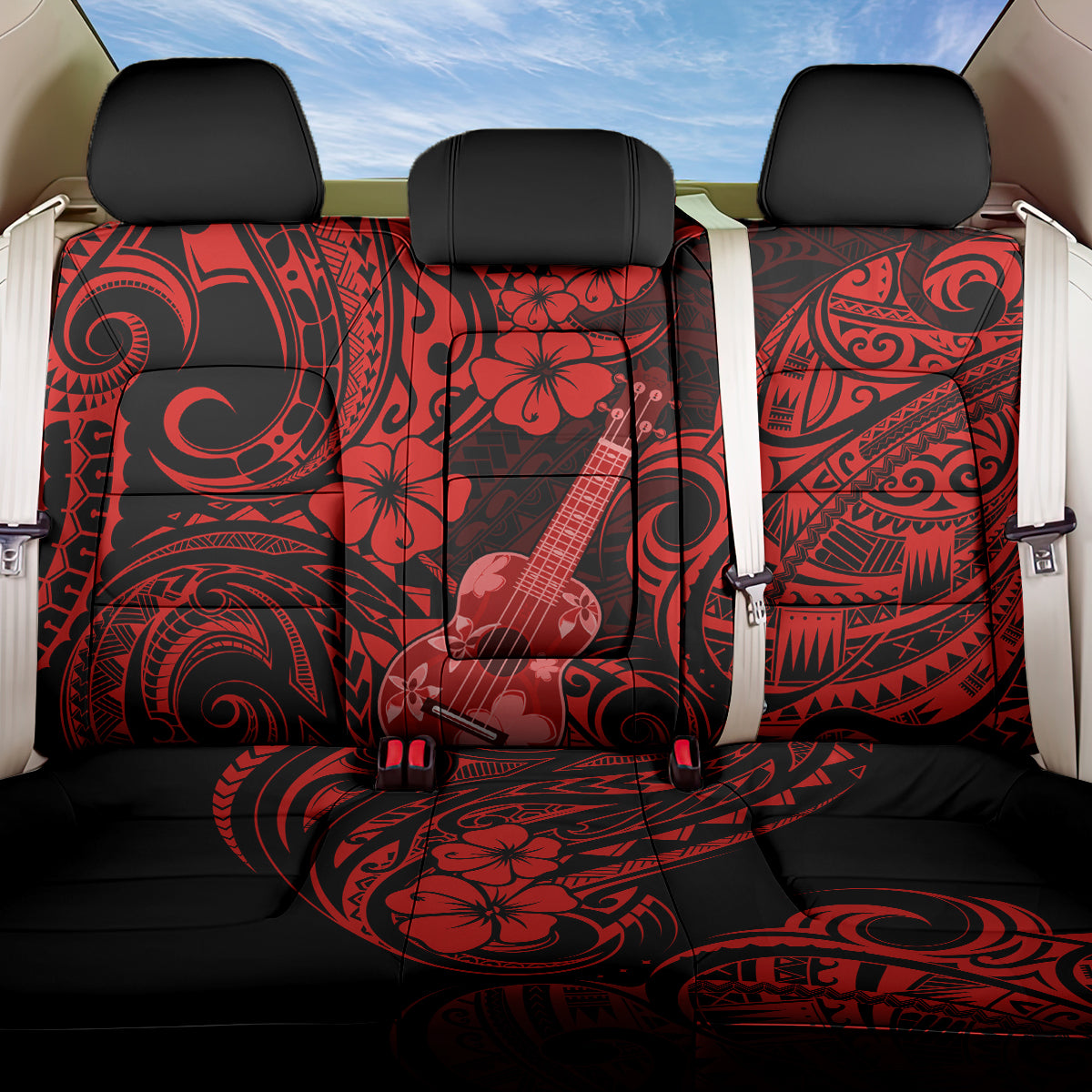 Hawaii Ukulele Back Car Seat Cover Polynesian Pattern Red Version