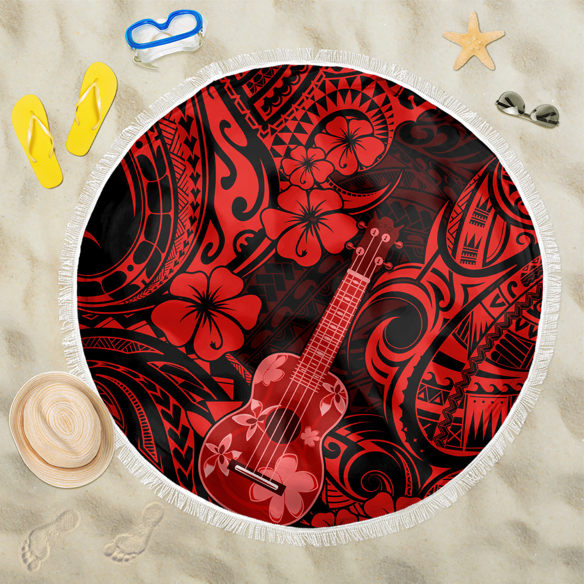 Hawaii Ukulele Beach Blanket Polynesian Pattern Red Version LT01 One Size 150cm Red - Wonder Print Shop