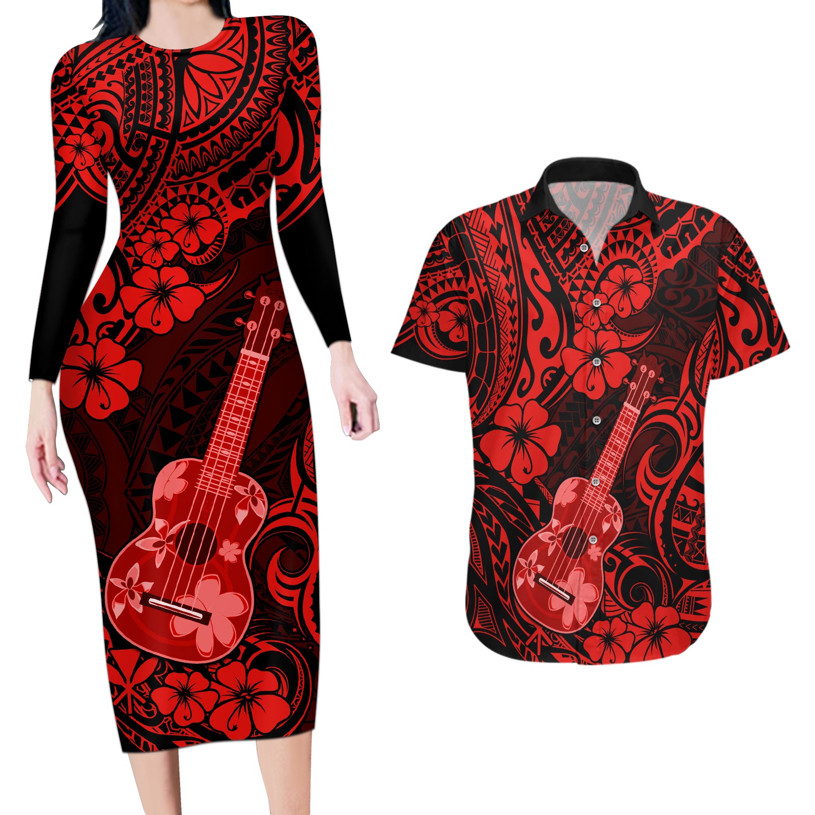 Hawaii Ukulele Couples Matching Long Sleeve Bodycon Dress and Hawaiian Shirt Polynesian Pattern Red Version LT01 Red - Polynesian Pride