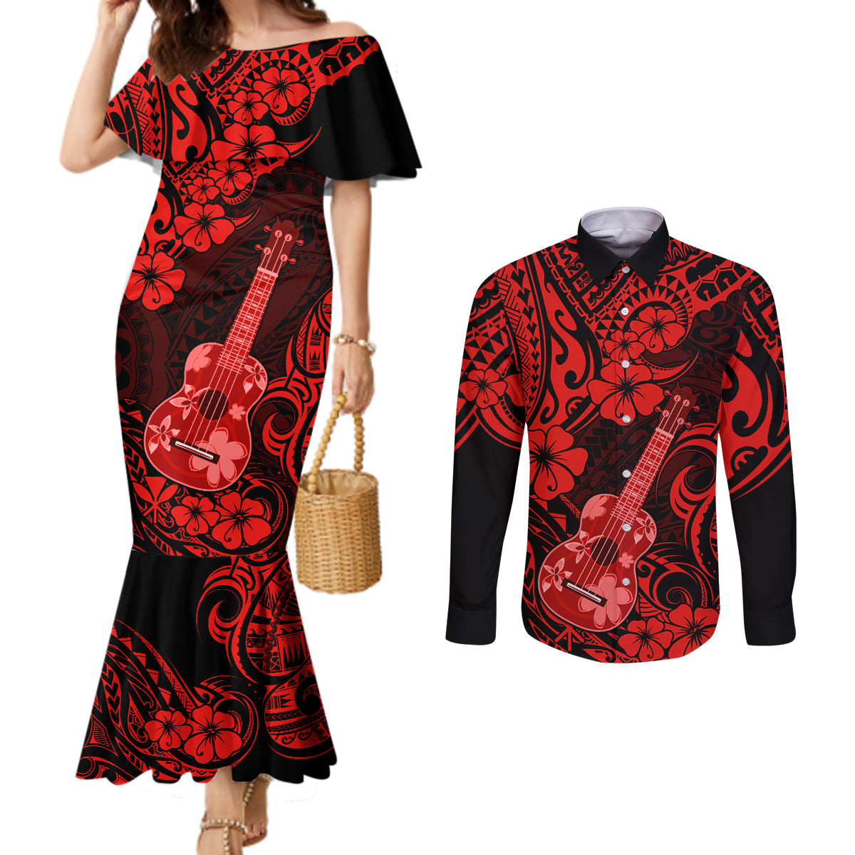 Hawaii Ukulele Couples Matching Mermaid Dress and Long Sleeve Button Shirts Polynesian Pattern Red Version LT01 Red - Polynesian Pride